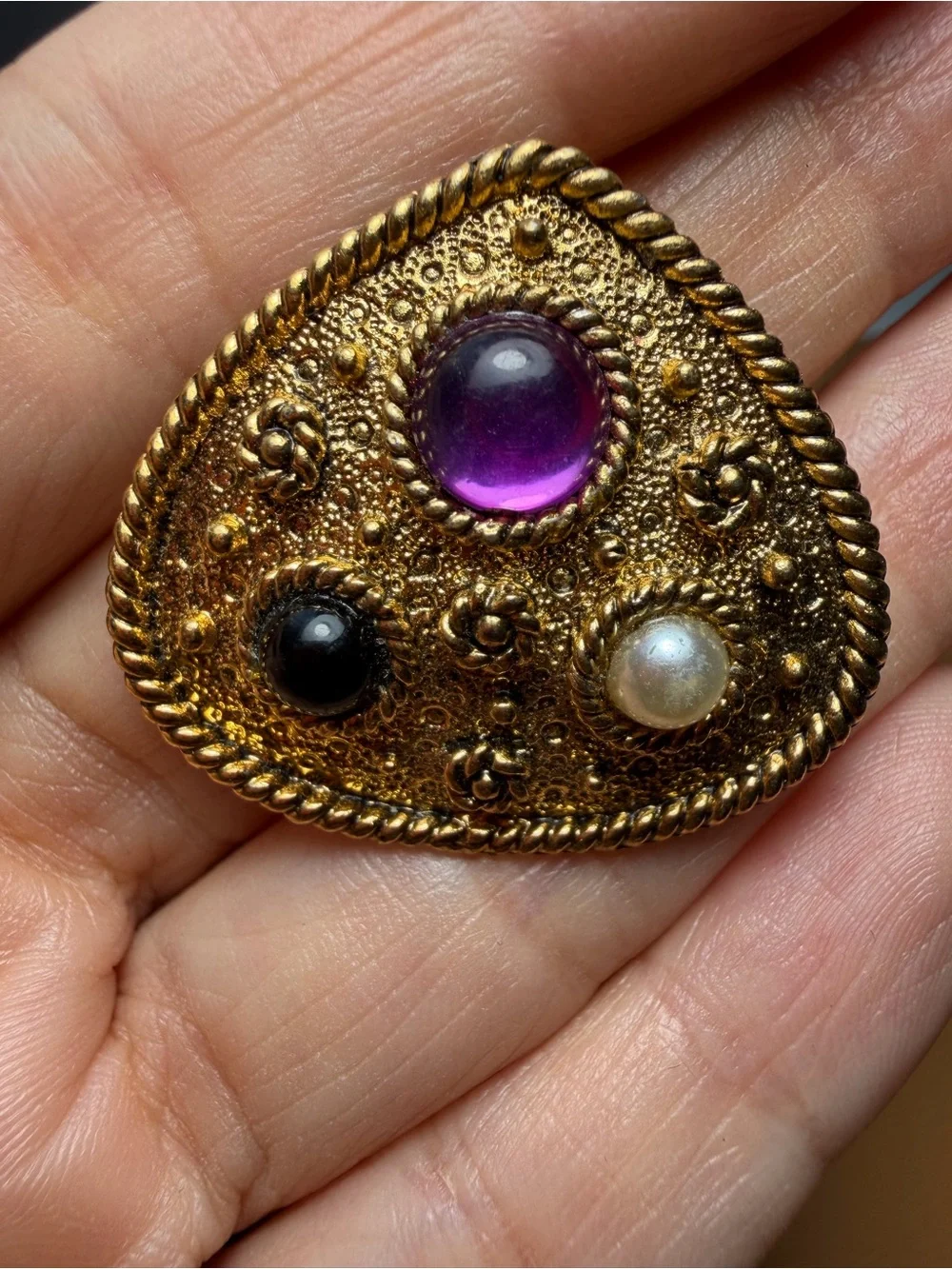 VTG 1960s Mid Century Gold Filigree Brooch Purple Black Pearl Statement Pin